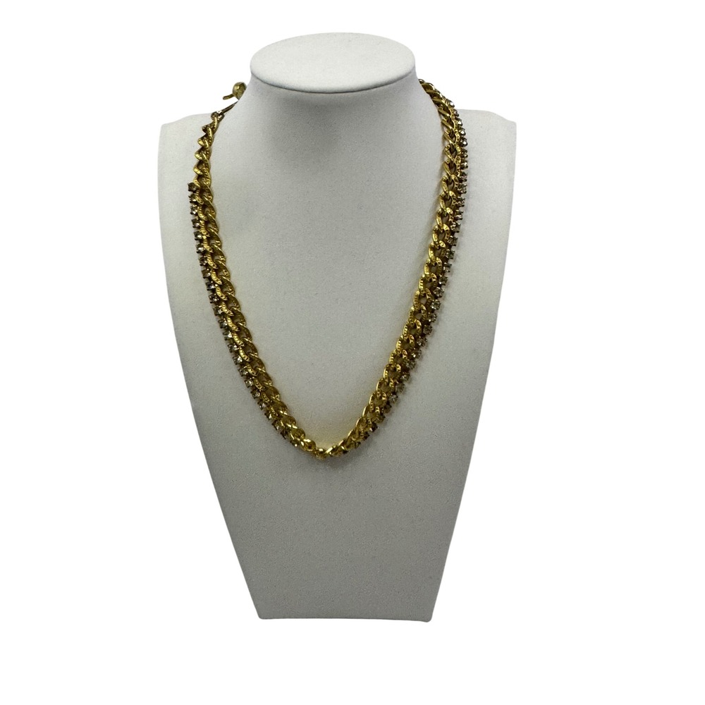 Vintage Gold Tone Textured Curb Chain Rhinestone Tennis Necklace Y2K Statement